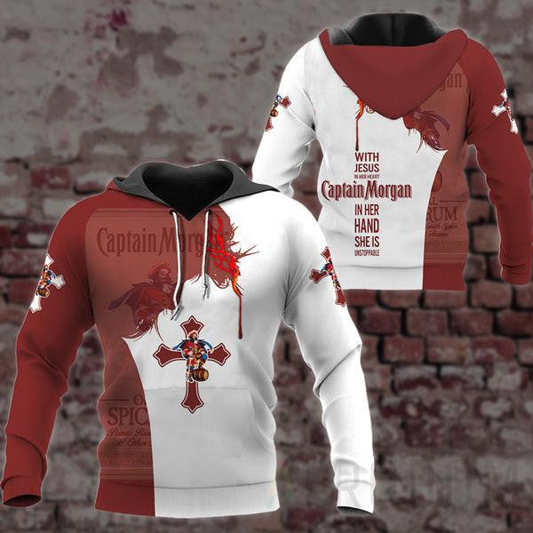 Captain Morgan Lover Gift, With Jesus In Her Heart Captain Morgan In Her Hand She Is Unstopable Aop Hoodie, Zip Hoodie 26