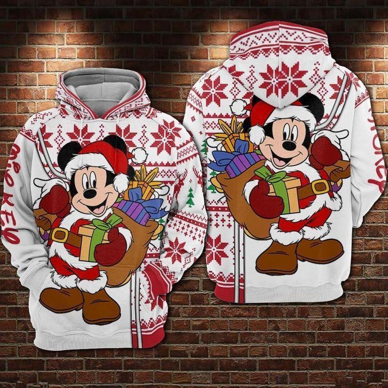 Mickey Mouse In Santa Claus Clothes Christmas Snowflakes Pattern Red White Hoodie Zip Hoodie