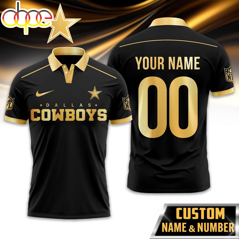 Custom Name Number Dallas Cowboys NFL Black And Gold Polo Shirt