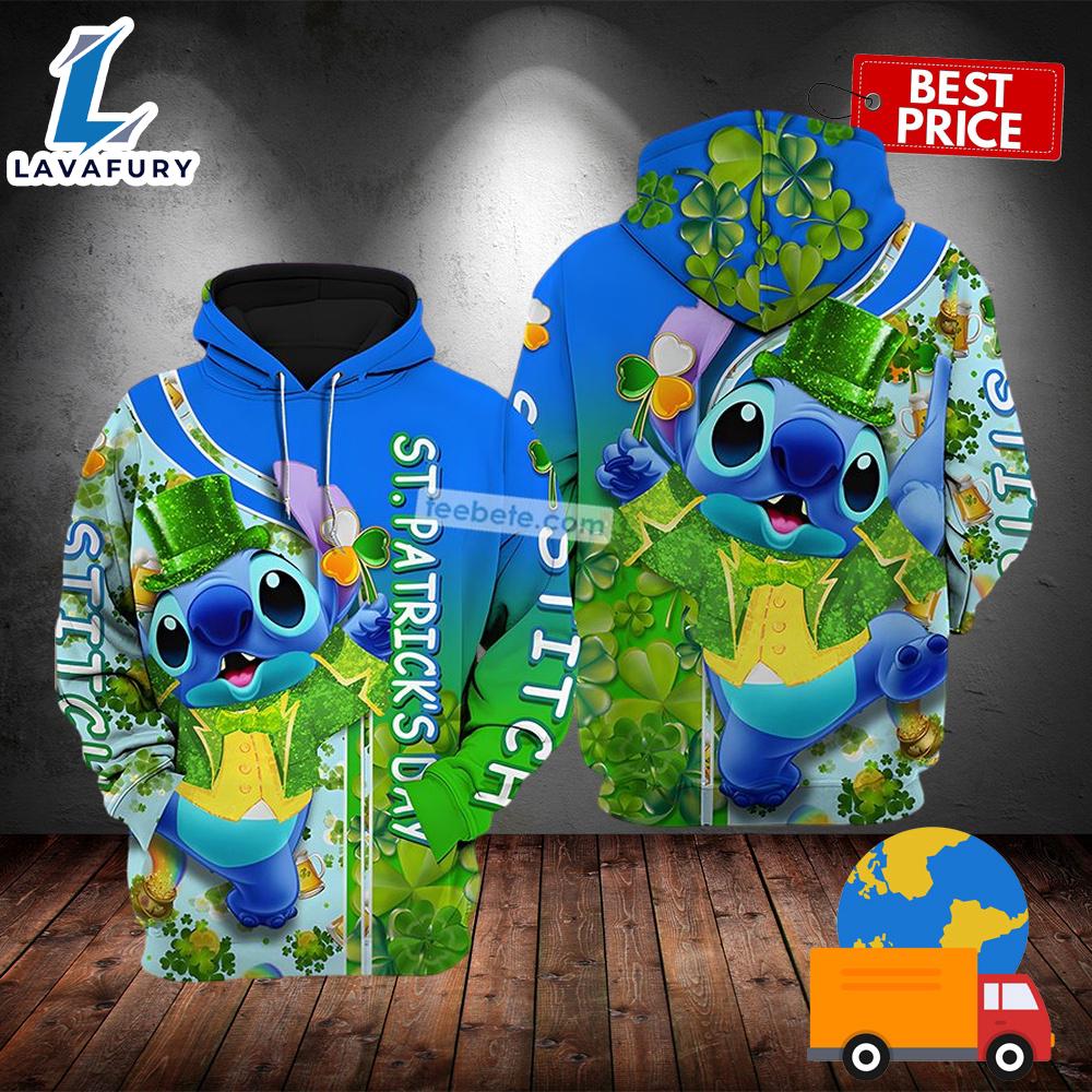 Disney Stitch With St Patrick Day Green 3D Pullover Hoodie 2025